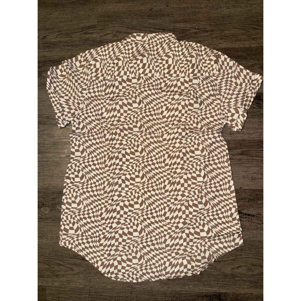 Wildfang Dizzy Check Button Up Shirt S Short Sleeve White Tan Retro - Picture 3 of 3